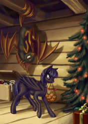 Size: 1240x1754 | Tagged: safe, artist:kirillk, oc, oc only, pony, behaving like a bat, christmas, christmas tree, duo, hanging, hanging upside down, holiday, mouth hold, prehensile tail, present, slit eyes, tree, upside down