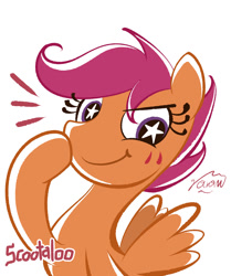 Size: 1001x1200 | Tagged: safe, artist:garammasara, scootaloo, pegasus, pony, :t, blushing, cute, cutealoo, eye clipping through hair, female, filly, pixiv, simple background, solo, starry eyes, white background, wingding eyes