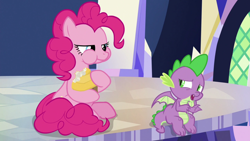 Size: 1920x1080 | Tagged: safe, screencap, pinkie pie, spike, dragon, earth pony, pony, the last laugh, cupcake, cutie map, food, winged spike