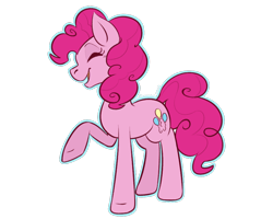 Size: 900x720 | Tagged: safe, artist:kiramera, derpibooru import, pinkie pie, earth pony, pony, eyes closed, one hoof raised, simple background, smiling, solo, transparent background