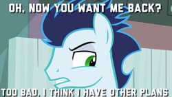 Size: 1024x576 | Tagged: safe, derpibooru import, edit, edited screencap, screencap, soarin', pony, rainbow falls, angry, bust, caption, image macro, meme, solo, text, unamused