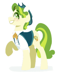 Size: 1000x1200 | Tagged: safe, artist:bubaiuv, pistachio, earth pony, pony, clothes, freckles, grin, hat, male, raised hoof, shirt, simple background, smiling, solo, starry eyes, transparent background, vest, wingding eyes