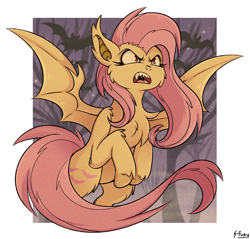 Size: 1904x1822 | Tagged: safe, artist:shinju-fury, fluttershy, bat pony, bats!, bat ponified, fangs, flutterbat, night, race swap, signature, solo, spread wings, wings