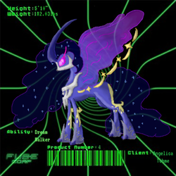 Size: 448x448 | Tagged: safe, artist:spqr21, nightmare moon, alicorn, pony, absol, abstract background, barcode, cosmog, crossover, curved horn, ethereal mane, female, fusion, hoof shoes, horn, mare, metal claws, peytral, pokémon, starry mane, story included, swablu