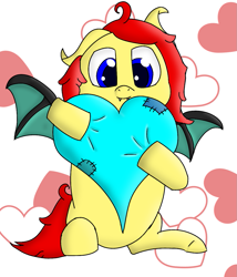 Size: 1047x1221 | Tagged: safe, artist:gamer-shy, oc, oc:gamershy yellowstar, bat pony, pony, blue eyes, cute, fangs, heart, heart pillow, hearts and hooves day, pillow, red mane, solo, yellow fur