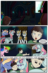 Size: 1800x2740 | Tagged: safe, artist:candyclumsy, oc, oc:aerial agriculture, oc:candy clumsy, oc:earthing elements, oc:tommy the human, alicorn, human, pegasus, comic:sick days, alicorn oc, canterlot, canterlot castle, child, clothes, comic, commissioner:bigonionbean, cute, dialogue, doorway, embrace, focused, fusion, fusion:aerial agriculture, fusion:earthing elements, grandparent and grandchild moment, grandparents, hug, human oc, husband and wife, lightning, maid, nuzzles, nuzzling, random pony, royal guard, running, sad, spectacles, throne room, water fountain, writer:bigonionbean