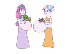 Size: 2048x1536 | Tagged: safe, artist:mintymelody, princess flurry heart, whammy, oc, oc:bundle joy, human, equestria girls, adult, belly button, clothes, cupcake, duo, duo female, female, food, hand on belly, looking at each other, multiple pregnancy, older, older flurry heart, pregnant, pregnant equestria girls, socks, stretchmarks, tray