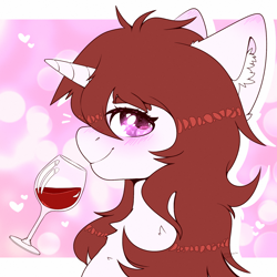 Size: 2000x2000 | Tagged: safe, artist:etoz, oc, oc only, pony, unicorn, alcohol, blushing, cute, drunk, female, glass, looking at you, mare, request, requested art, smiling, solo, wine, wine glass