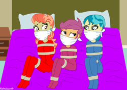 Size: 1058x755 | Tagged: safe, artist:robukun, aunt holiday, auntie lofty, scootaloo, equestria girls, bondage, bound and gagged, cloth gag, clothes, damsel in distress, equestria girls-ified, footed sleeper, footie pajamas, gag, otn gag, over the nose gag, pajamas, tied up