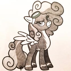 Size: 439x437 | Tagged: safe, artist:rabyruen, oc, oc:heavy rain, pegasus, pony, fanfic:to be a wonderbolt, background pony, clothes, cloudy mane, commissioner:genki, cumulonimbus mane, fanfic art, fanfic character, goggles, missing cutie mark, monochrome, pegasus oc, solo, spread wings, swirly mane, traditional art, uniform, weather control pegasi, wings, wonderbolts, wonderbolts uniform