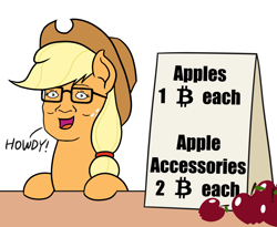 Size: 1100x900 | Tagged: safe, artist:mkogwheel edits, edit, applejack, earth pony, pony, apple, applejack's hat, applejack's sign, apples and apple accessories, cowboy hat, cursed image, face swap, food, hank hill, hat, howdy, king of the hill, meme, sign, solo, wat