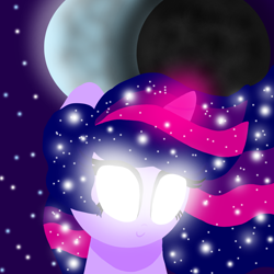 Size: 1000x1000 | Tagged: safe, artist:katya, twilight sparkle, pony, bust, ethereal mane, female, full moon, galaxy mane, glowing eyes, magic, moon, smiling, solo