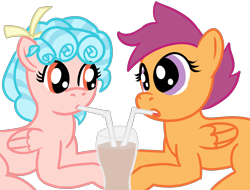 Size: 4096x3112 | Tagged: safe, artist:poniidesu, cozy glow, scootaloo, pegasus, pony, /mlp/, chocolate, chocolate milk, chocolate milkshake, colored, cozybetes, cozyloo, cute, duo, female, filly, flat colors, high res, lesbian, milk, milkshake, shipping, simple background, straw, transparent background