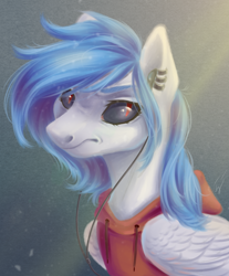 Size: 1900x2300 | Tagged: safe, artist:гусь, oc, pegasus, pony, angry, black sclera, clothes, dark eyes, ear piercing, female, headphones, hoodie, looking back, mare, piercing, simple background, solo, wings