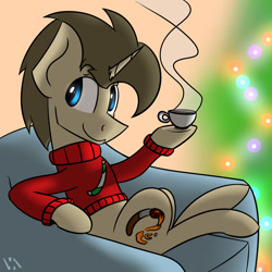 Size: 1920x1920 | Tagged: safe, artist:valthonis, oc, oc:valthonis, unicorn, anatomically incorrect, christmas, christmas lights, christmas tree, coffee, cup, holiday, sitting, smiling, tree