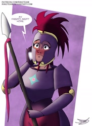 Size: 1537x2114 | Tagged: safe, artist:ringteam, tempest shadow, human, armor, blushing, call, cellphone, female, humanized, implied lesbian, implied sex, implied shipping, implied tempestlight, implied twilight sparkle, phone, royal guard, solo, spear, tempest becomes a royal guard, weapon