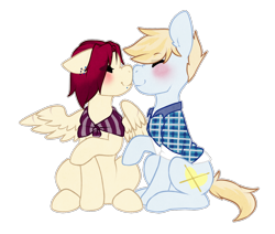 Size: 1374x1167 | Tagged: safe, artist:pomrawr, oc, oc only, earth pony, pegasus, pony, blushing, clothes, earth pony oc, eyes closed, oc x oc, one wing out, pegasus oc, scarf, shipping, simple background, transparent background, wings