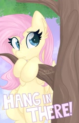 Size: 1280x1978 | Tagged: safe, artist:littleblackraencloud, fluttershy, pegasus, pony, cheek fluff, cute, ear fluff, female, hang in there, hanging, mare, shyabetes, solo, tree, tree branch