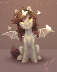 Size: 3000x3800 | Tagged: safe, artist:гусь, oc, oc only, bat pony, butterfly, bat pony oc, bat wings, fangs, female, looking up, mare, simple background, sitting, slit eyes, smiling, snow, snowfall, solo, tongue out, wings