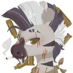 Size: 2000x2000 | Tagged: safe, artist:alabasterpeony, oc, oc only, oc:ahrim, zebra, bullet casing, cigarette, eyebrows, scar, simple background, solo, transparent background