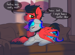 Size: 5000x3666 | Tagged: safe, artist:thecoldsbarn, oc, oc:crimsons, oc:spiral light, pegasus, unicorn, blushing, collar, commission, couple, cuddling, cute, dialogue, eyes closed, gay, hug, leash, living room, male, oc x oc, pet play, pet tag, prone, shipping, sofa, text, winghug