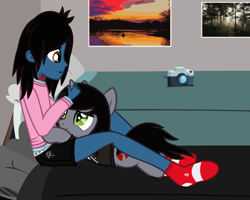 Size: 2046x1637 | Tagged: safe, artist:lightningbolt, derpibooru exclusive, pony, unicorn, equestria girls, .svg available, bed, boxers, bring me the horizon, camera, clothes, disguise, disguised siren, equestria girls-ified, fangs, gay, head on lap, horn, horn grab, human on pony snuggling, interspecies, kellin quinn, lip piercing, long sleeves, looking at each other, male, oliver sykes, piercing, pillow, ponified, prone, shipping, shirt, sitting, sleeping with sirens, slit eyes, smiling, snuggling, socks, sonic the hedgehog (series), stallion, svg, t-shirt, tattoo, underwear, vector
