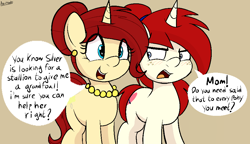 Size: 966x557 | Tagged: safe, artist:an-tonio, oc, oc only, oc:golden brooch, oc:silver draw, pony, unicorn, annoyed, blushing, dialogue, ear piercing, earring, engrish, female, freckles, grammar error, hair bun, jewelry, mother and child, mother and daughter, mothers gonna mother, necklace, parent and child, piercing, pixel art, ponytail, simple background, speech, speech bubble, that pony sure does want grandfoals