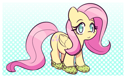 Size: 1509x928 | Tagged: safe, artist:burgeroise, fluttershy, pegasus, pony, blursed image, clothes, crocs, cute, female, looking at you, mare, no pupils, shoes, shyabetes, solo, what has science done