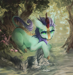 Size: 1398x1432 | Tagged: safe, artist:elzafox, oc, oc only, oc:searing cold, kirin, forest, male, on side, solo, tree, water