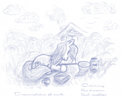 Size: 1024x835 | Tagged: safe, artist:grayma1k, oc, oc only, oc:dreamcatcher (grayma1k), earth pony, pony, book, butterfly net, cloud, house, jar, monochrome, mug, outdoors, sleeping, solo