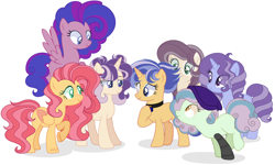 Size: 4896x2936 | Tagged: safe, artist:amoura7447symphony, artist:californsaishi001, oc, oc only, oc:angelina, oc:astral sunlight, oc:aurora, oc:candy milkshake, oc:mystic moon, oc:strawberry chantilly, oc:velvet prism, earth pony, pegasus, pony, unicorn, amputee, base used, beanie, choker, eye clipping through hair, female, freckles, half-sisters, hat, magical lesbian spawn, mare, next generation, offspring, parent:applejack, parent:big macintosh, parent:bon bon, parent:flash sentry, parent:fluttershy, parent:lyra heartstrings, parent:pinkie pie, parent:rainbow dash, parent:rarity, parent:starlight glimmer, parent:sunset shimmer, parent:trixie, parent:twilight sparkle, parents:flashlight, parents:fluttermac, parents:lyrabon, parents:pinkiedash, parents:rarijack, parents:startrix, parents:sunsetsparkle, prosthetic leg, prosthetic limb, prosthetics, simple background, white background