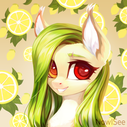 Size: 4000x4000 | Tagged: safe, artist:inowiseei, oc, oc only, oc:lemony light, earth pony, pony, bust, cute, ear fluff, female, food, lemon, looking at you, mare, portrait, solo
