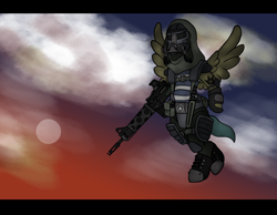 Size: 4000x3100 | Tagged: safe, artist:devorierdeos, oc, oc only, pegasus, pony, fallout equestria, assault rifle, clothes, fanfic, fanfic art, flying, gun, hooves, male, rifle, sky background, spread wings, stallion, weapon, wings