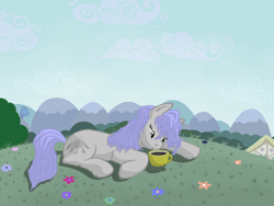 Size: 1024x772 | Tagged: safe, artist:grayma1k, oc, oc only, oc:dreamcatcher (grayma1k), earth pony, pony, coffee, coffee mug, messy mane, mug, outdoors, scenery, solo