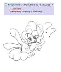 Size: 403x475 | Tagged: safe, anonymous artist, pinkie pie, earth pony, pony, /mlp/, 4chan, anxiety, candy, confused, female, food, hoof hold, mare, monochrome, on back, question mark, solo