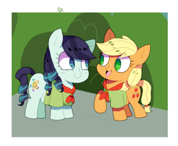 Size: 1571x1287 | Tagged: safe, artist:stuwor-art, applejack, coloratura, earth pony, pony, clothes, cutie mark, female, filly, filly applejack, filly coloratura, lesbian, rara, rarajack, shipping, younger