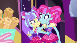 Size: 1920x1080 | Tagged: safe, screencap, kiwi lollipop, pinkie pie, supernova zap, better together, equestria girls, sunset's backstage pass!, churros, female, food, k-lo, offscreen character, postcrush, su-z