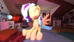 Size: 1280x720 | Tagged: safe, artist:sturdydiablo, oc, oc:soloist song, pegasus, pony, 3d, bed, bedroom, eyes closed, pegasus oc, pegasus wings, smiling, solo, source filmmaker, wings