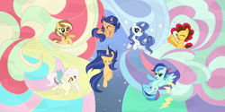 Size: 4620x2308 | Tagged: safe, artist:galaxyswirlsyt, oc, oc:apple pie, oc:destiny, oc:galaxy swirls, oc:party pie, oc:rainbow blitzes, oc:sky city, oc:velvet sentry, earth pony, hybrid, pegasus, pony, unicorn, base used, female, heterochromia, interspecies offspring, mare, offspring, parent:applejack, parent:caramel, parent:cheese sandwich, parent:discord, parent:fancypants, parent:flash sentry, parent:fluttershy, parent:pinkie pie, parent:rainbow dash, parent:rarity, parent:soarin', parent:twilight sparkle, parents:carajack, parents:cheesepie, parents:discoshy, parents:flashlight, parents:raripants, parents:soarindash, ponyville, statue