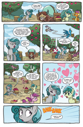 Size: 994x1528 | Tagged: safe, artist:tonyfleecs, idw, gallus, sandbar, smolder, swift foot, yona, dragon, earth pony, griffon, pony, yak, spoiler:comic, spoiler:comicfeatsoffriendship02, apple, apple basket, bow, cart, cloven hooves, colored hooves, dragoness, female, floating heart, flying, food, hair bow, heart, heart eyes, hoof hold, jewelry, male, mare, monkey swings, necklace, preview, teenager, wingding eyes