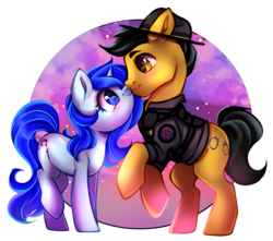 Size: 766x676 | Tagged: safe, artist:cabbage-arts, oc, oc only, oc:darren cuffs, oc:skyra heartsong, earth pony, pony, unicorn, boop, bulletproof vest, campaign hat, clothes, noseboop, shipping, uniform