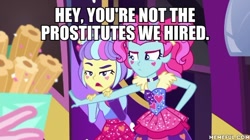 Size: 600x337 | Tagged: safe, edit, edited screencap, screencap, kiwi lollipop, pinkie pie, supernova zap, better together, equestria girls, sunset's backstage pass!, caption, churros, food, image macro, implied lesbian, implied prostitution, k-lo, meme, postcrush, su-z, text