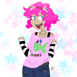 Size: 1200x1200 | Tagged: safe, artist:kawakeo, gummy, pinkie pie, alligator, human, alternate hairstyle, arm warmers, belt, braces, candy, choker, clothes, ear piercing, eared humanization, earring, female, food, headband, humanized, jeans, jewelry, lollipop, necklace, open mouth, pants, piercing, scene kid, shirt, solo, t-shirt, torn clothes