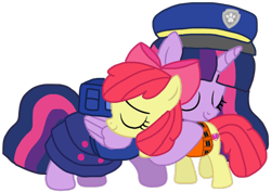 Size: 1440x1022 | Tagged: safe, artist:徐詩珮, apple bloom, twilight sparkle, twilight sparkle (alicorn), alicorn, series:sprglitemplight diary, series:sprglitemplight life jacket days, series:springshadowdrops diary, series:springshadowdrops life jacket days, alternate universe, base used, chase (paw patrol), clothes, cute, equestria girls outfit, hug, lifejacket, paw patrol, simple background, transparent background