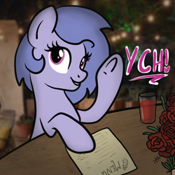 Size: 2100x2100 | Tagged: safe, artist:lannielona, pony, advertisement, commission, dinner, female, flower, lights, mare, menu, night, rose, smiling, solo, table, underhoof, waving, your character here