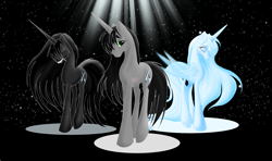 Size: 1953x1157 | Tagged: safe, artist:whitewing1, oc, oc:black star, alicorn, pony, unicorn, female, mare, triality