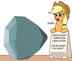 Size: 1660x1392 | Tagged: safe, artist:mkogwheel edits, artist:philiptomkins, edit, applejack, tom, earth pony, pony, applejack's hat, applejack's sign, boulder, challenge, contest, cowboy hat, fine print, hat, howdy, meme, prize, strength, text