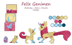 Size: 3500x2200 | Tagged: safe, artist:jackiebloom, oc, oc:felix genimen, hippogriff, hybrid, colored horn, horn, interspecies offspring, magical lesbian spawn, male, offspring, parent:fluttershy, parent:gilda, parents:gildashy, reference sheet, simple background, solo, transparent background, unicorn horn