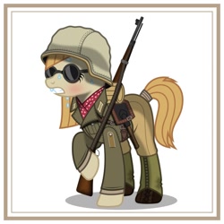 Size: 1024x1024 | Tagged: safe, artist:brony-works, earth pony, pony, afrika korps, clothes, female, gun, kar98k, mare, nazi germany, rifle, simple background, solo, sunglasses, sweat, uniform, weapon, white background, world war ii