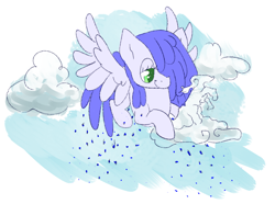 Size: 988x735 | Tagged: artist needed, safe, oc, oc only, oc:raincloud drops, pegasus, pony, blue coat, blue mane, cloud, green eyes, rain, sky, solo